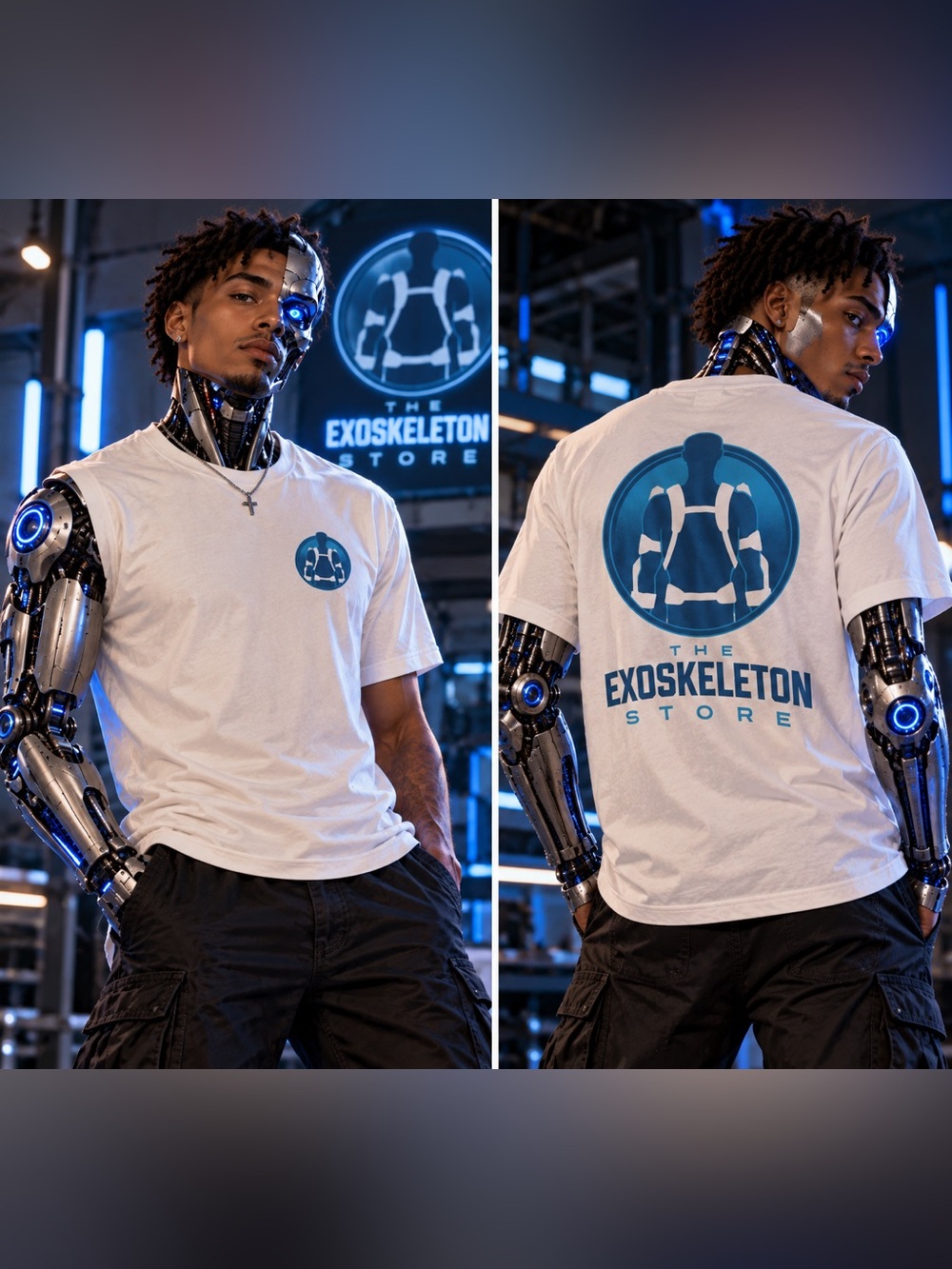 Next Level Apparel White Tee with Blue Exoskeleton Logo